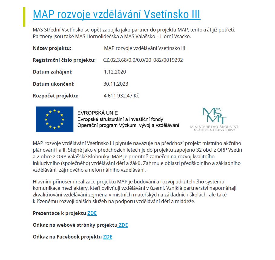 MAP rozvoje vzdělávání Vsetínsko III